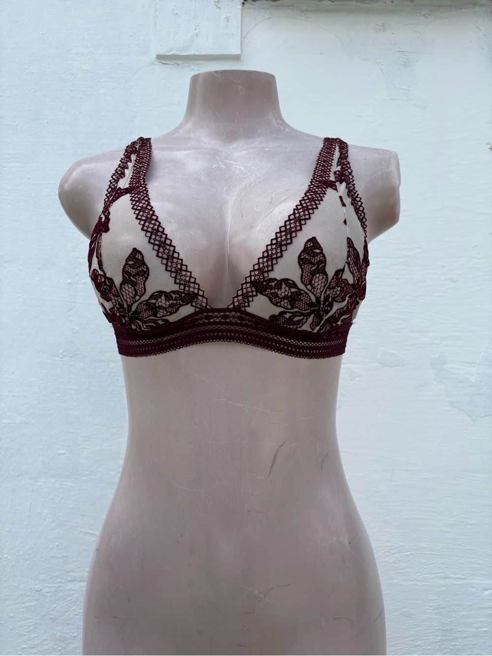 Women's Burgundy Lace Plunge Bra - Elegant Floral Embroidery